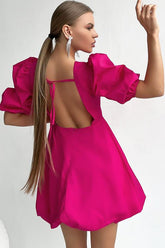Robe courte évasée à col rond et manches bouffantes, dos nu - Rose vif